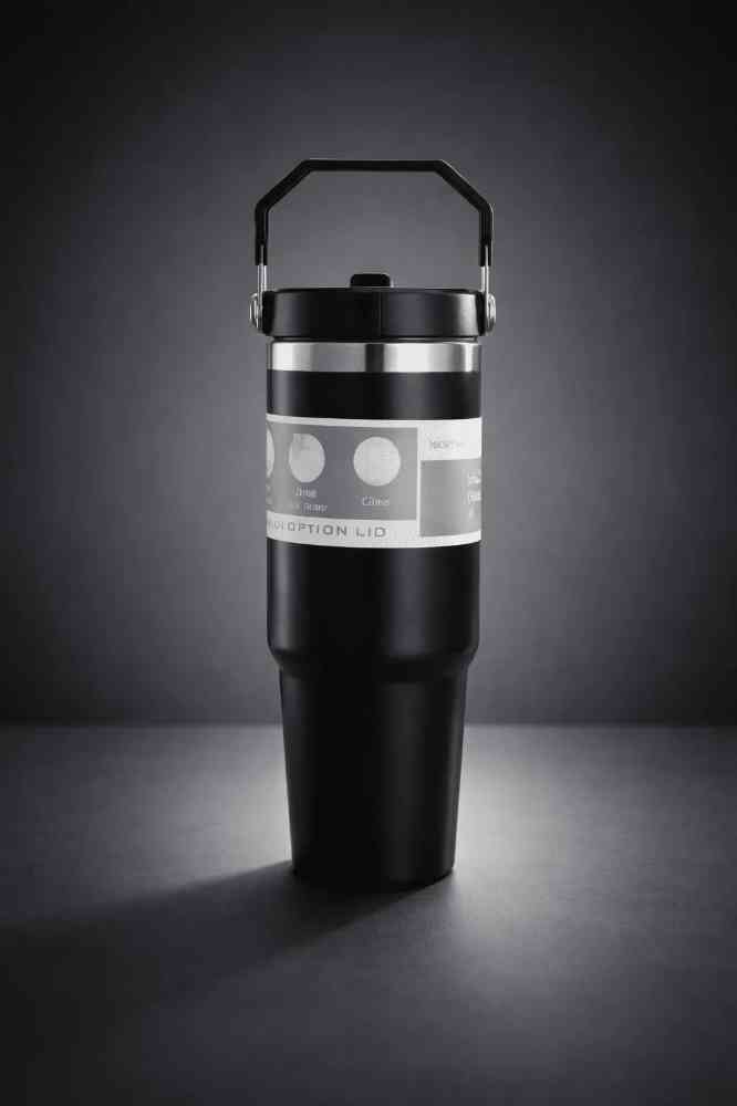 Travel mug with 3-way lid & carry handle