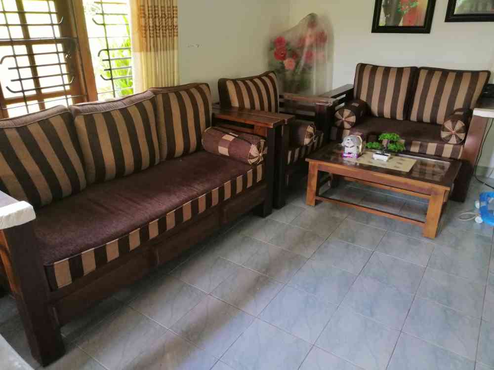 Teak sofa set with glass coffee table