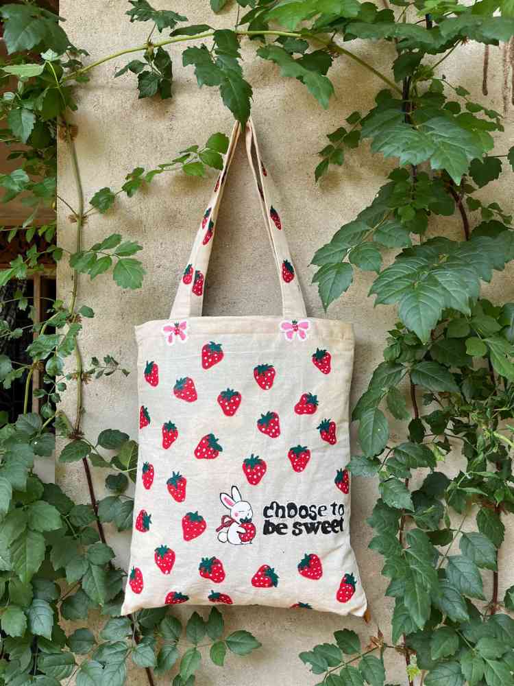 Hand painted strawberry tote bag